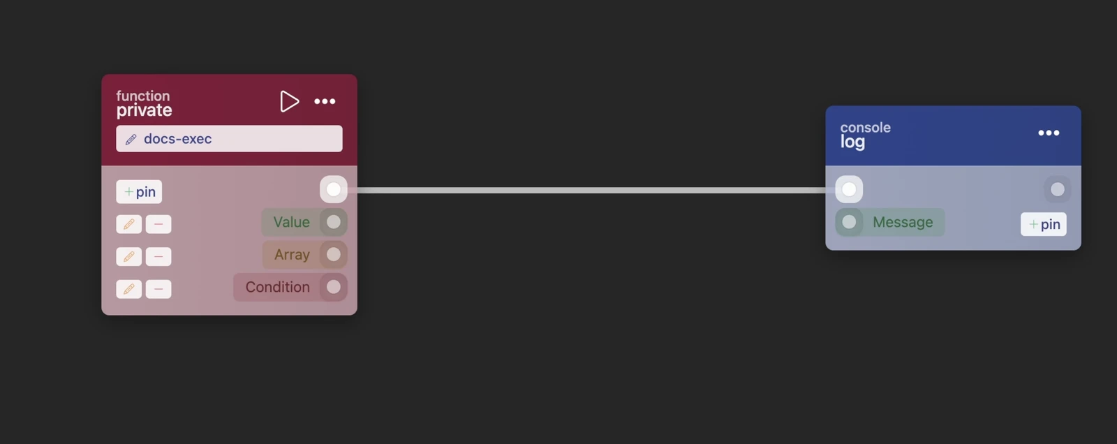 Dragging a typed out-pin reveals the matching hidden in-pin on the target block