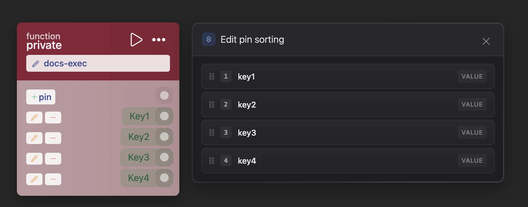 Edit pin sorting popup showing reorderable pins