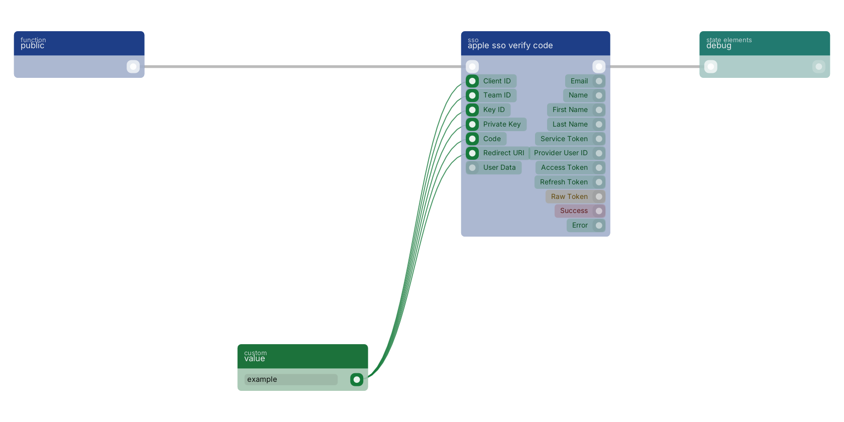 Studio canvas example for the apple sso verify code block: typical wiring for apple sso verify code.