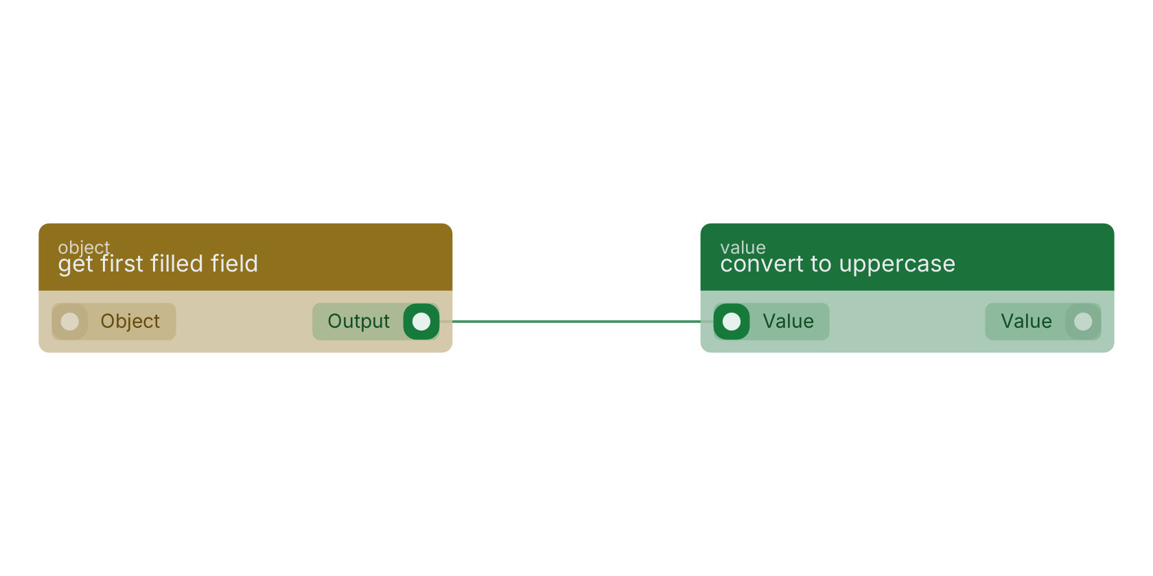 Studio canvas example for the get first filled field block: typical wiring for get first filled field.