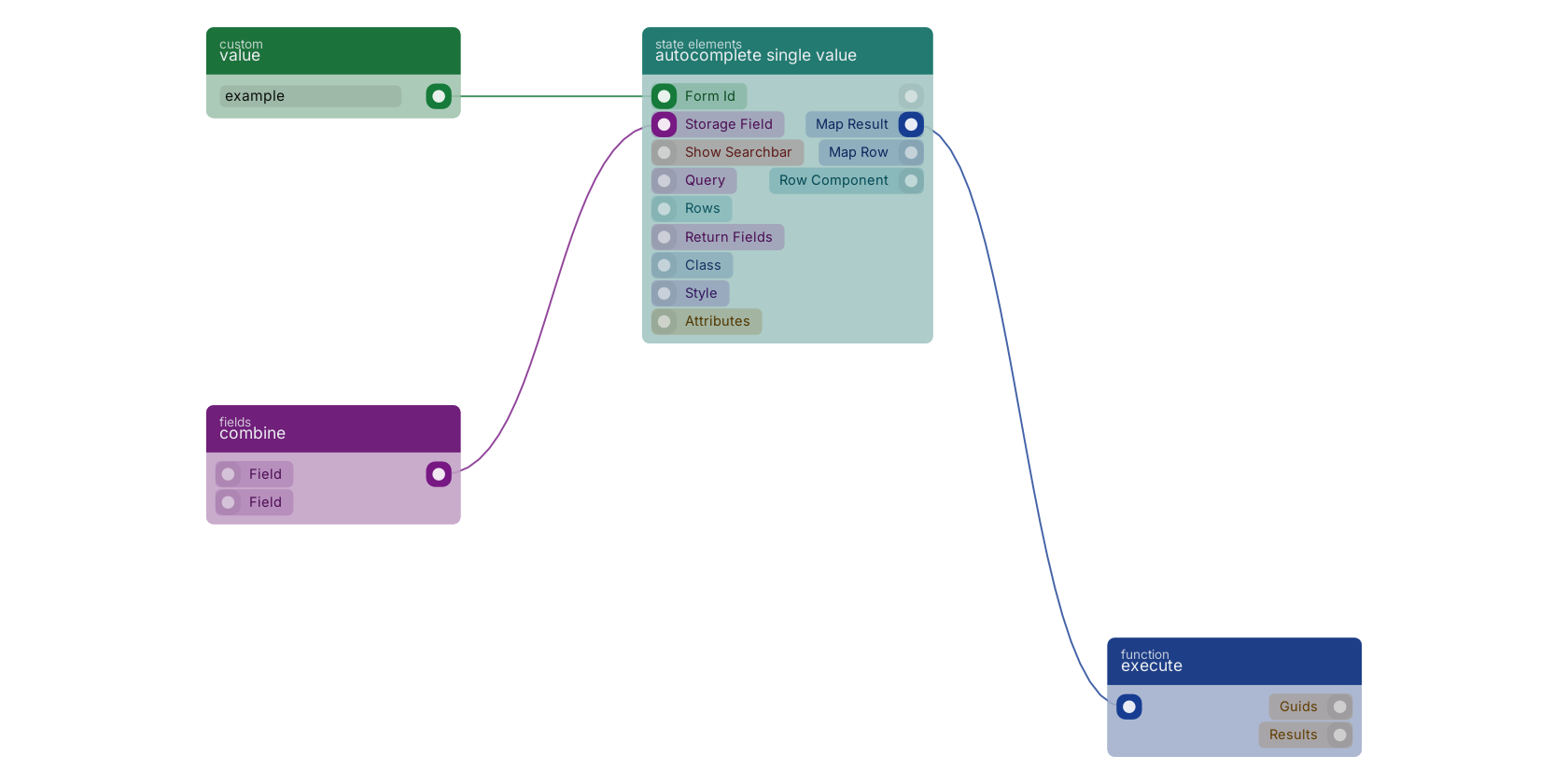 Studio canvas example for the autocomplete single value block: typical wiring for autocomplete single value.